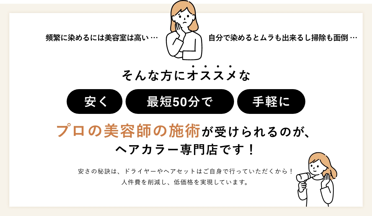 プロの美容師の施術が受けられるのが、ヘアカラー専門店です！